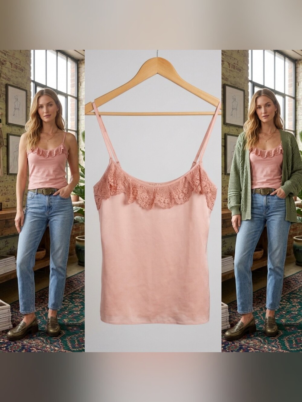 Wi & Co Italy Size XL Pink Crochet Lace Trim Silky Cami Tank Top Boho